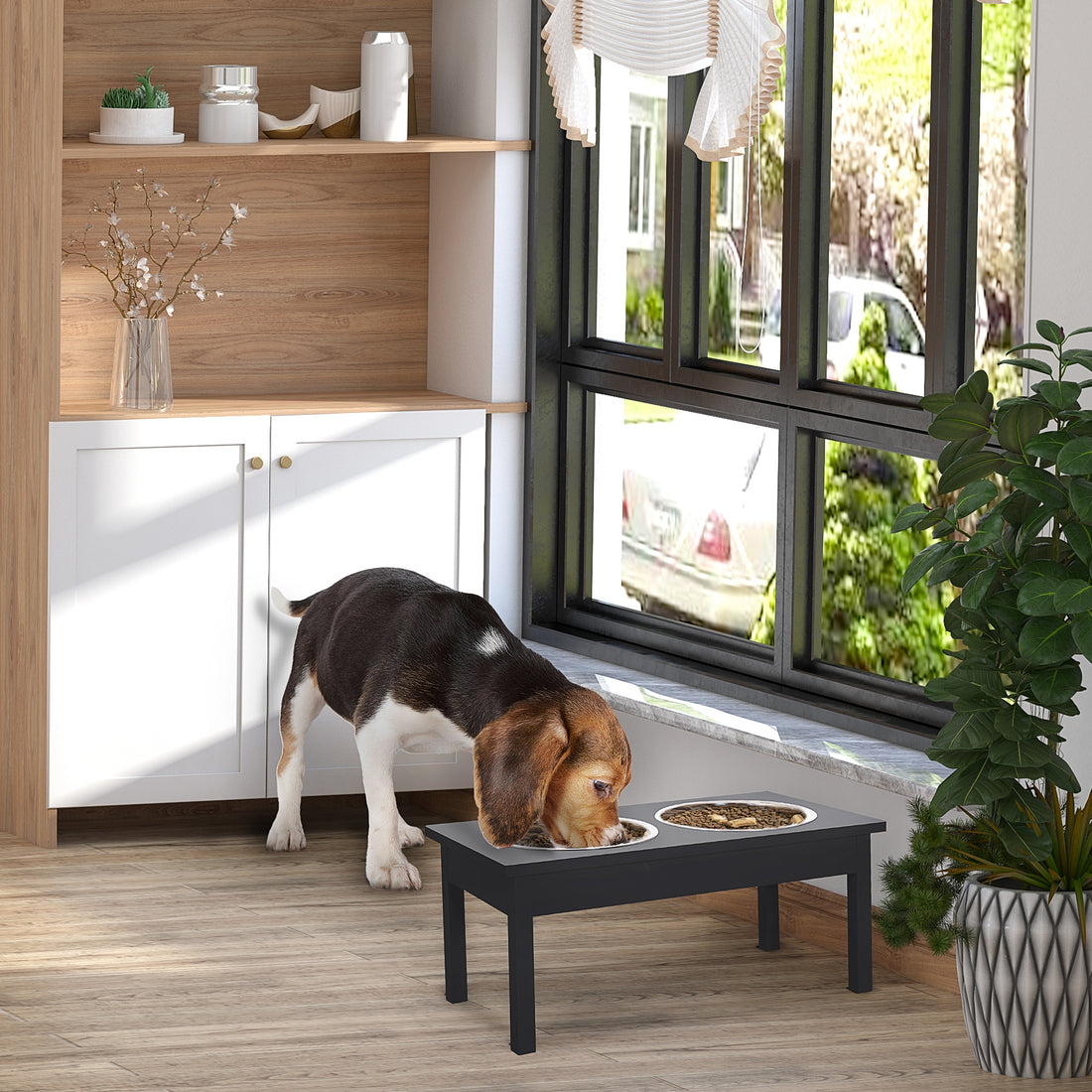 23 in Wooden Elevated Dog Feeding Station with 2 Stainless Steel Bowls, 2 L Each, Black