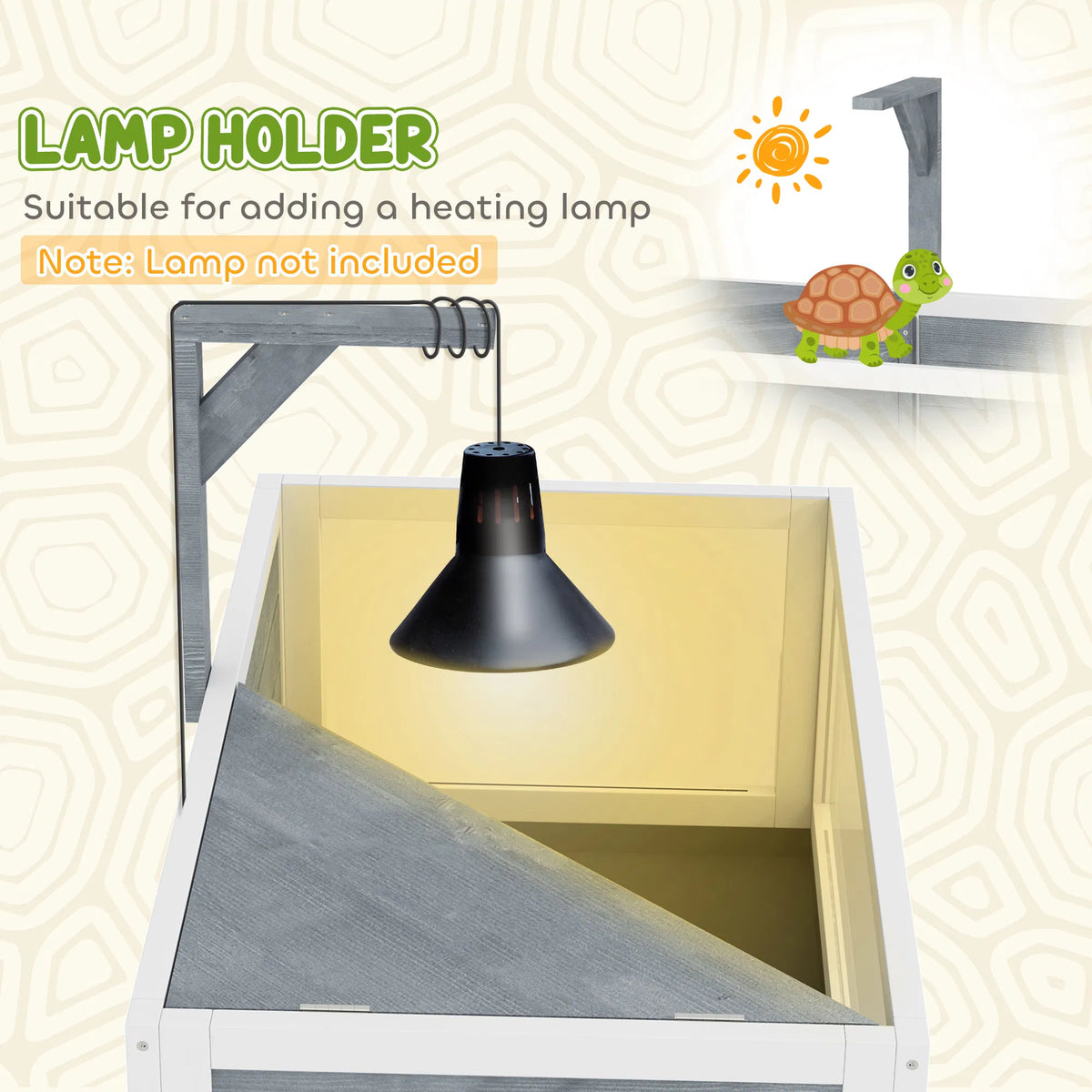 Fir Wood Tortoise House with Basking Room – Clear Panels, Lamp Holder &amp; Tray, Gray &amp; White – view 6