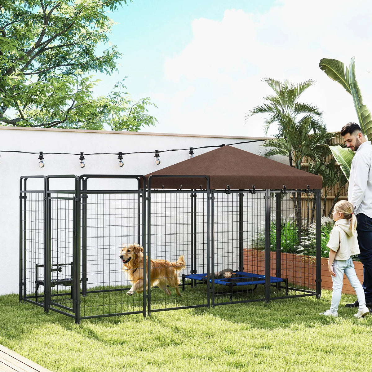 Large Outdoor Dog Kennel with Roof – 9.3 x 4.6 x 5.2 ft, Heavy-Duty Steel