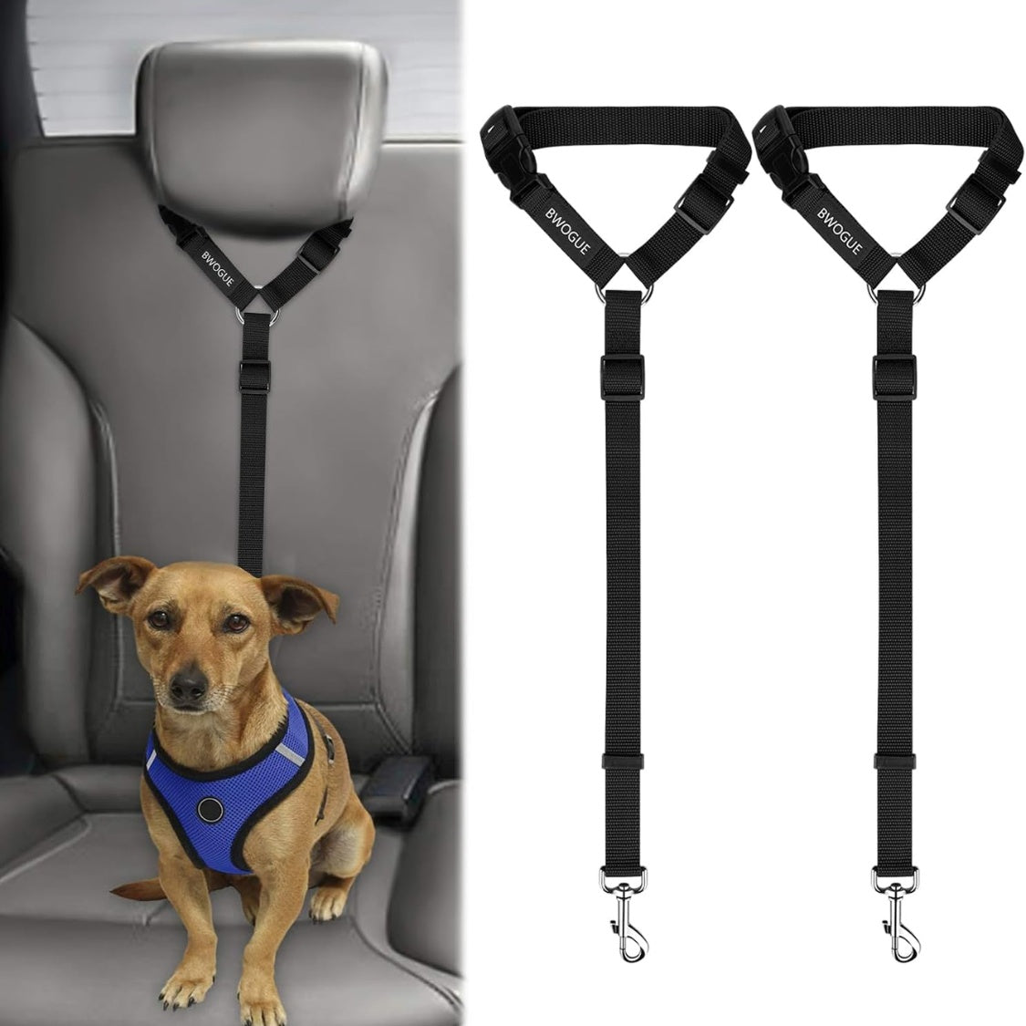 Dog Car Seat Belt Headrest Restraint 2-Pack – Adjustable 18–30 in Nylon Safety Leads, Black