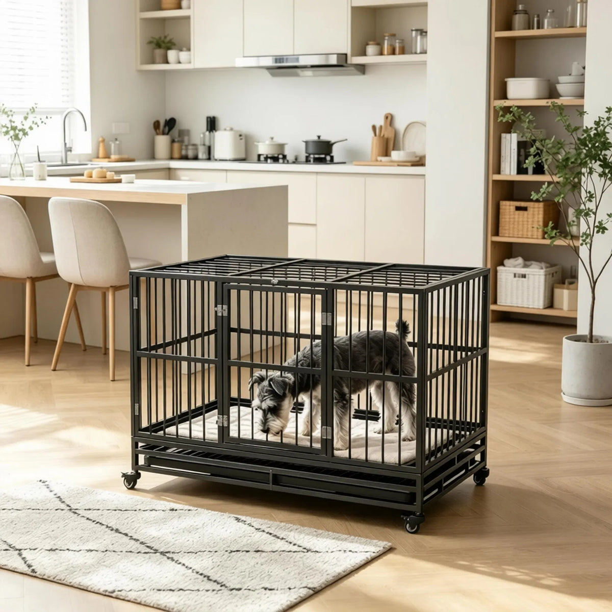48 in Heavy-Duty Dog Crate with Locking Wheels – Double Door, Removable Tray, Gray – view 7
