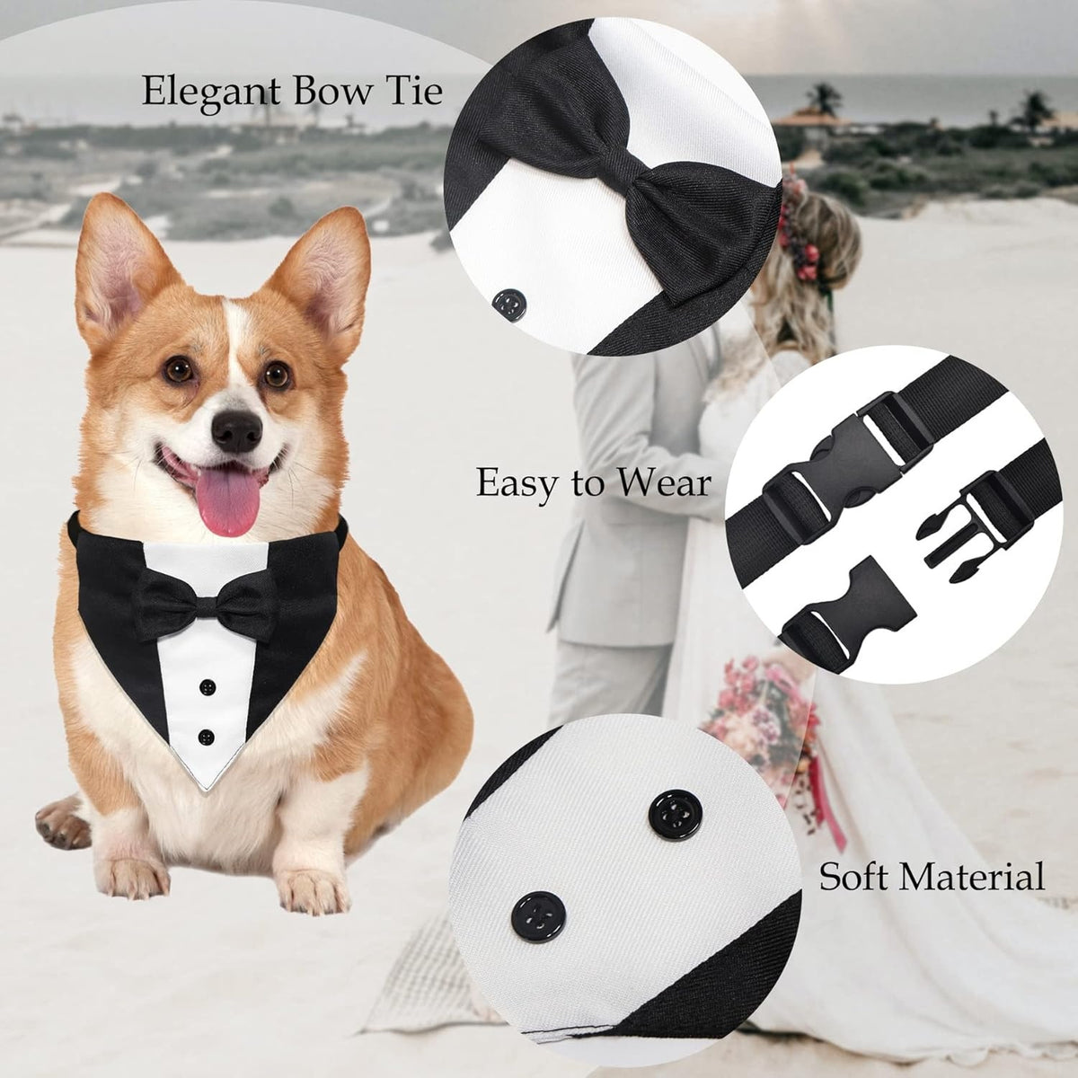Dog Tuxedo Bandana Collar with Bow Tie – Formal Wedding Tux for Dogs, Adjustable 12.5–21 in, Black &amp; White – view 3