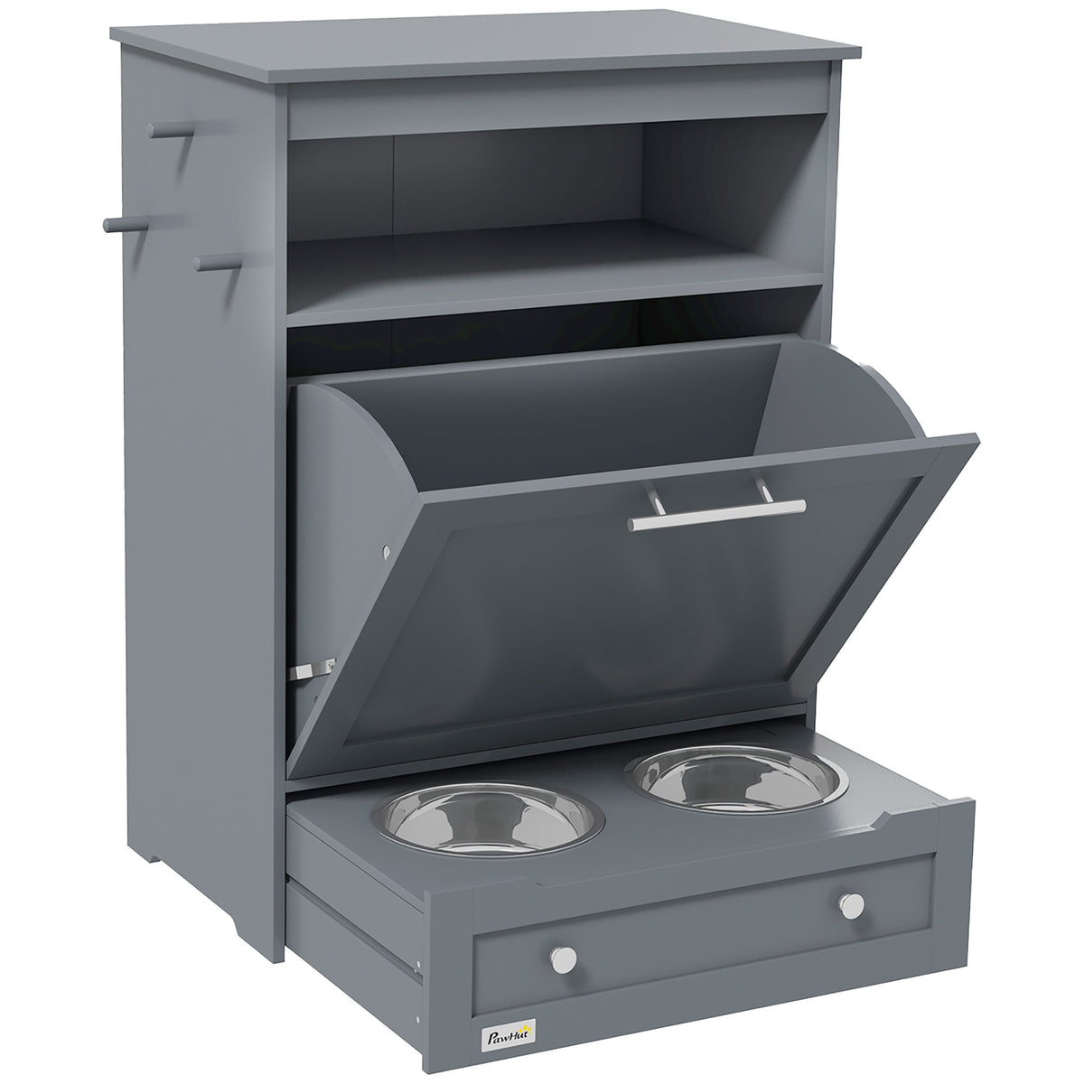 Pet Feeding Station Cabinet with Pull-Out Raised Bowl Drawer, Hooks and Storage, Grey – view 3