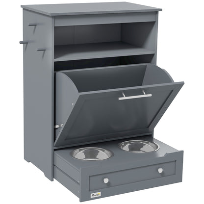 Pet Feeding Station Cabinet with Pull-Out Raised Bowl Drawer, Hooks and Storage, Grey – view 3