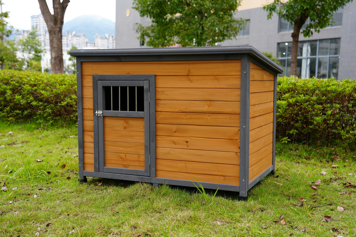 45 in Large Solid Wood Dog House – Waterproof PVC Roof, Elevated Floor, Gray &amp; Yellow – view 10