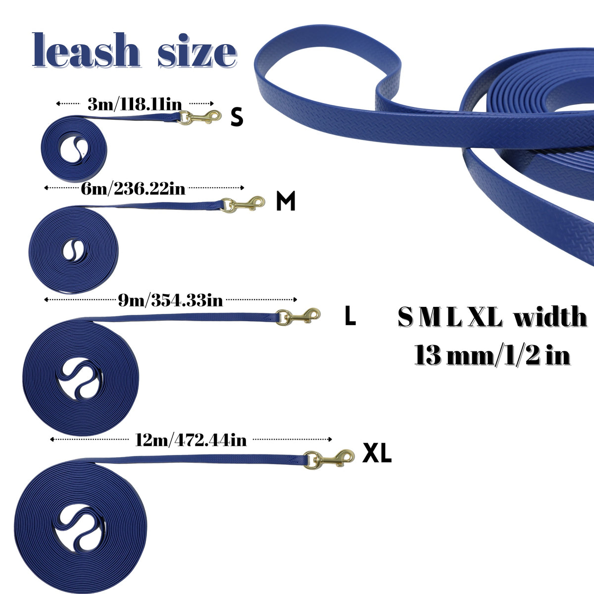 Long Dog Training Leash – Waterproof Embossed PVC Recall Lead, 10, 20, 30 &amp; 40 ft, Orange, Blue or Navy – view 2