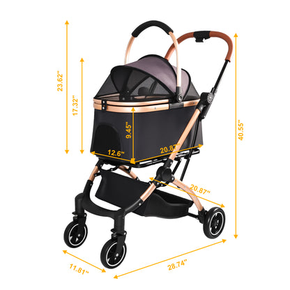 2-in-1 Detachable Pet Stroller – One-Hand Fold, Carry Basket, Sun Canopy, Storage Basket, Black – view 4