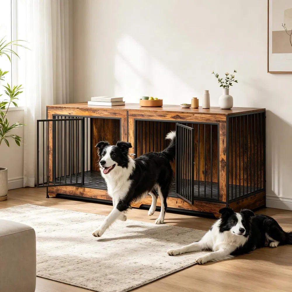 Double Dog Crate Furniture with Divider – End Table / TV Stand for 2 Dogs – view 4