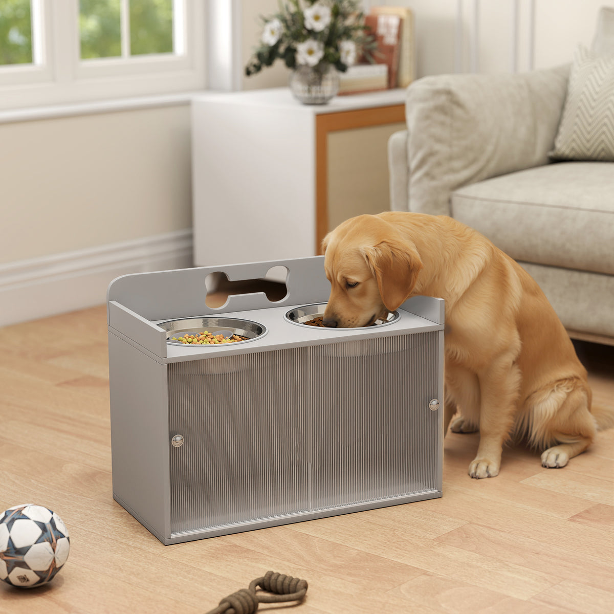 Elevated Dog Bowl Stand with Storage Cabinet, Acrylic Doors and Splash Guards for Large Dogs, Gray