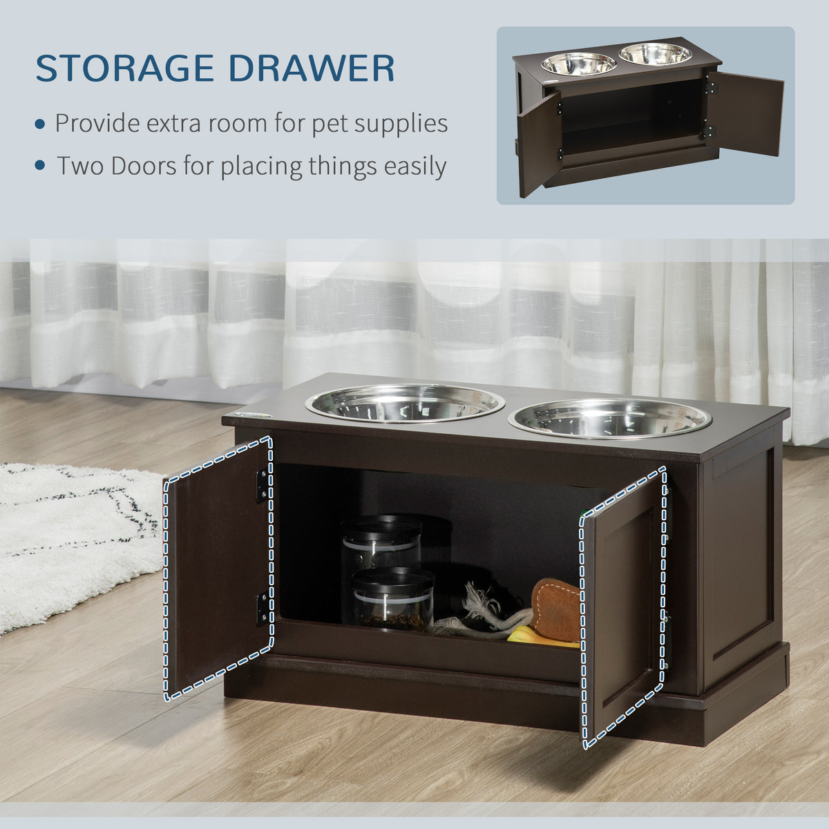 Raised Dog Feeder with Storage Cabinet and 2 Stainless Steel Bowls for Large Dogs, Coffee – view 5