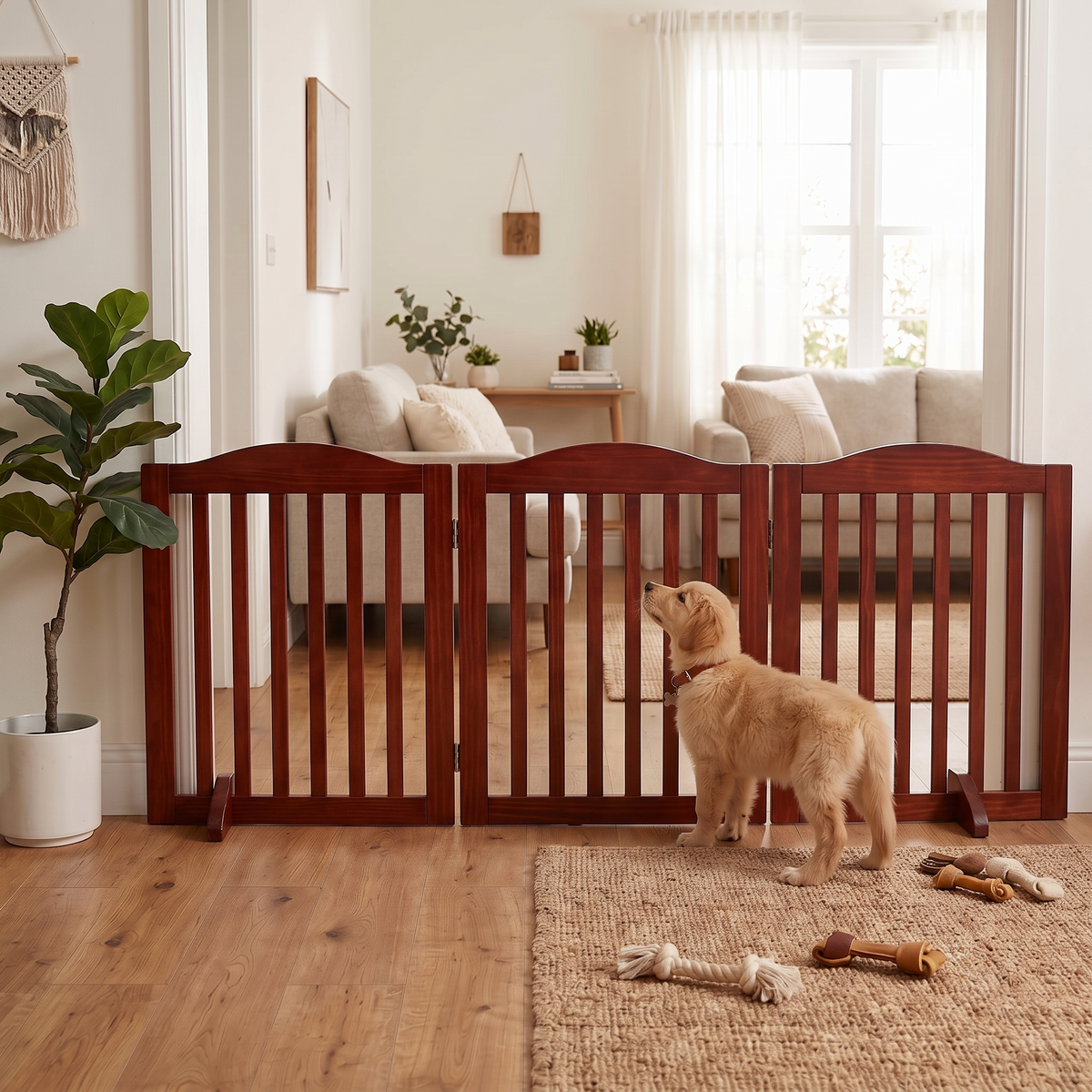 Freestanding Wooden Dog Gate – 3-Panel Foldable Step-Over Pet Fence, No Assembly, 24 in, Brown – view 3