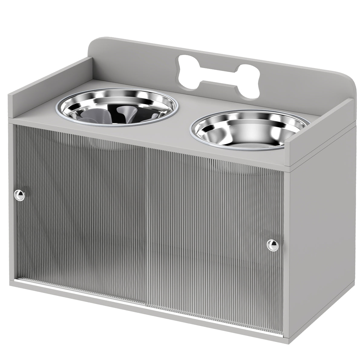 Elevated Dog Bowl Stand with Storage Cabinet, Acrylic Doors and Splash Guards for Large Dogs, Gray – view 9