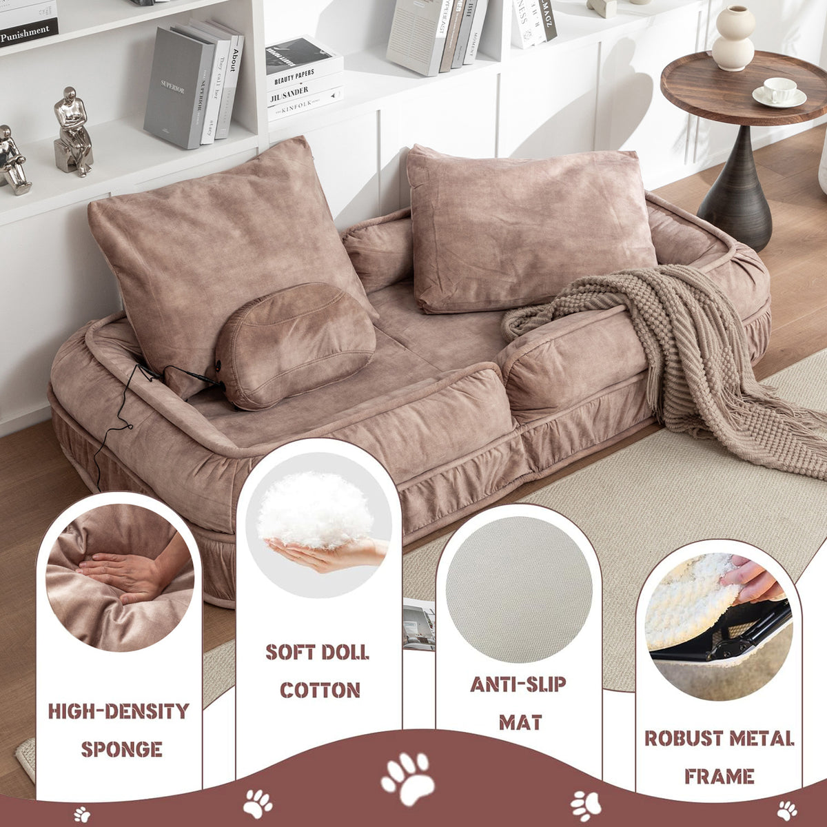 Human-Size Dog Bed Floor Sofa – 5-Position Adjustable Backrest, Velvet, 2 Soft Pillows, Brown – view 5