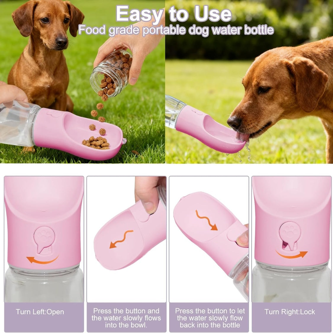 2-in-1 Portable Dog Water Bottle with Food Container – 12 oz, Leak-Proof, Pink – view 7