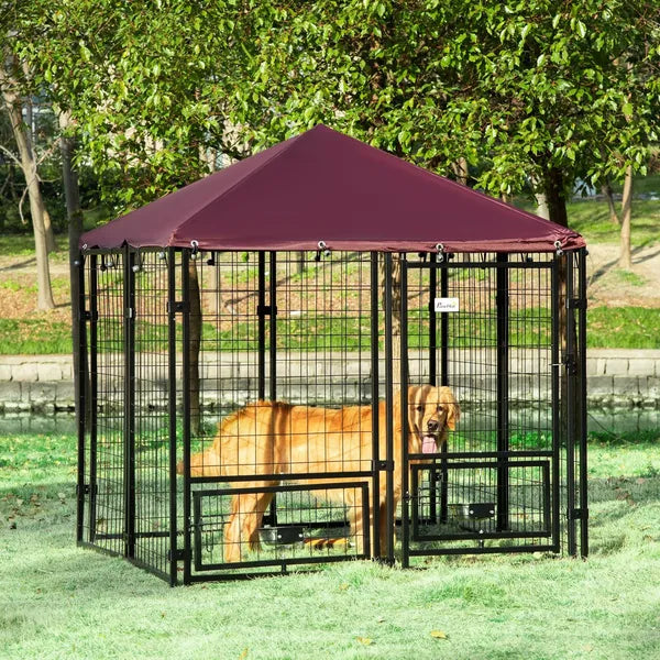 Outdoor Dog Kennel with Cover &amp; 2 Rotating Bowls – 55.5 x 55.5 in, Medium Dogs