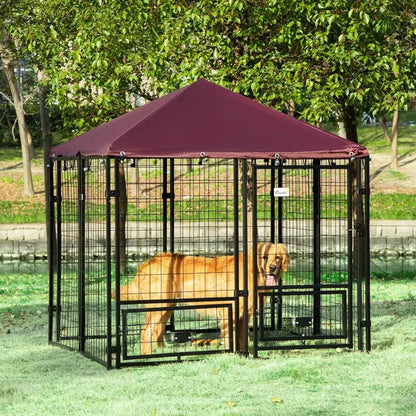 Outdoor Dog Kennel with Cover &amp; 2 Rotating Bowls – 55.5 x 55.5 in, Medium Dogs