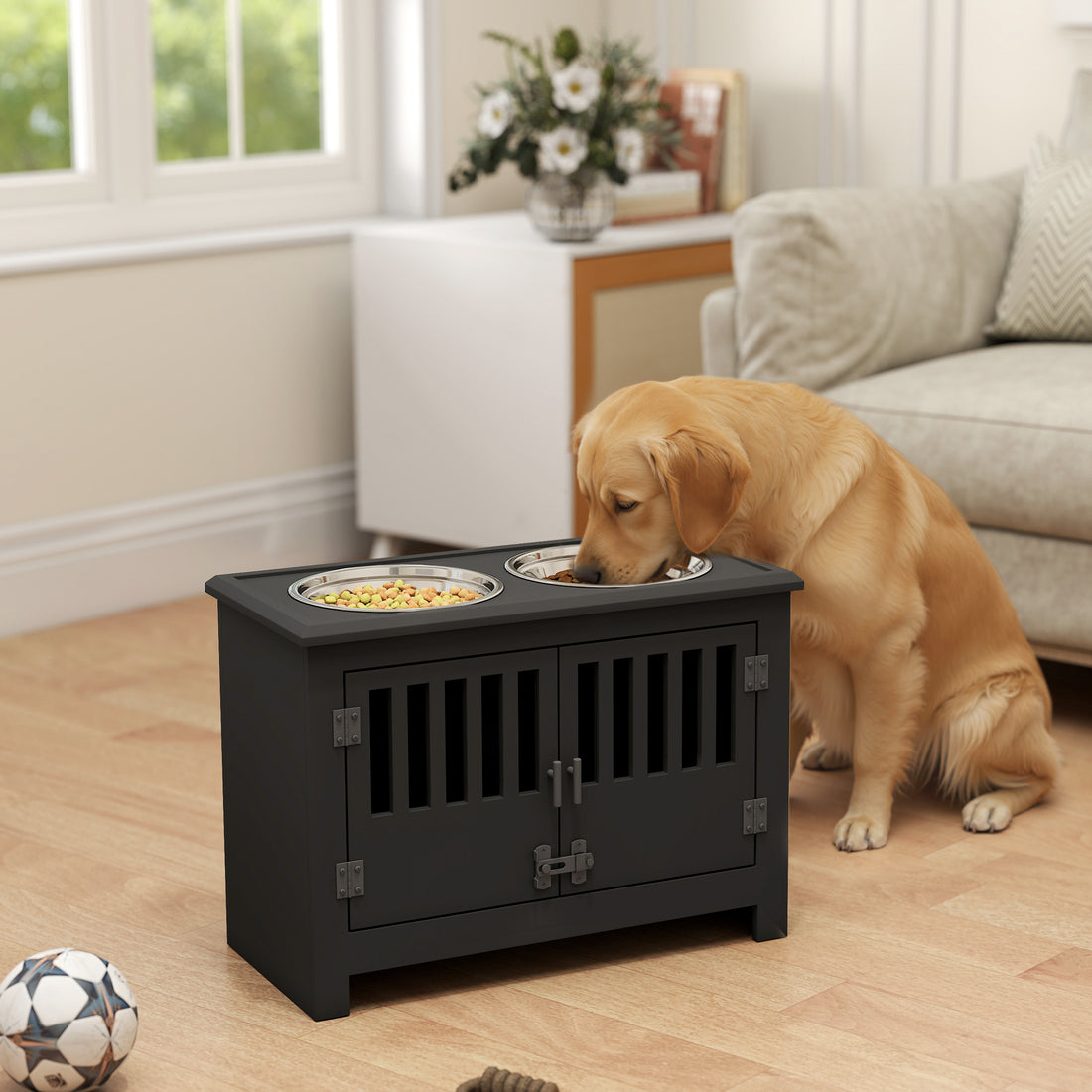 Raised Dog Feeder Cabinet with 37 L Latched Storage and 2 Stainless Steel Bowls, Black – view 2
