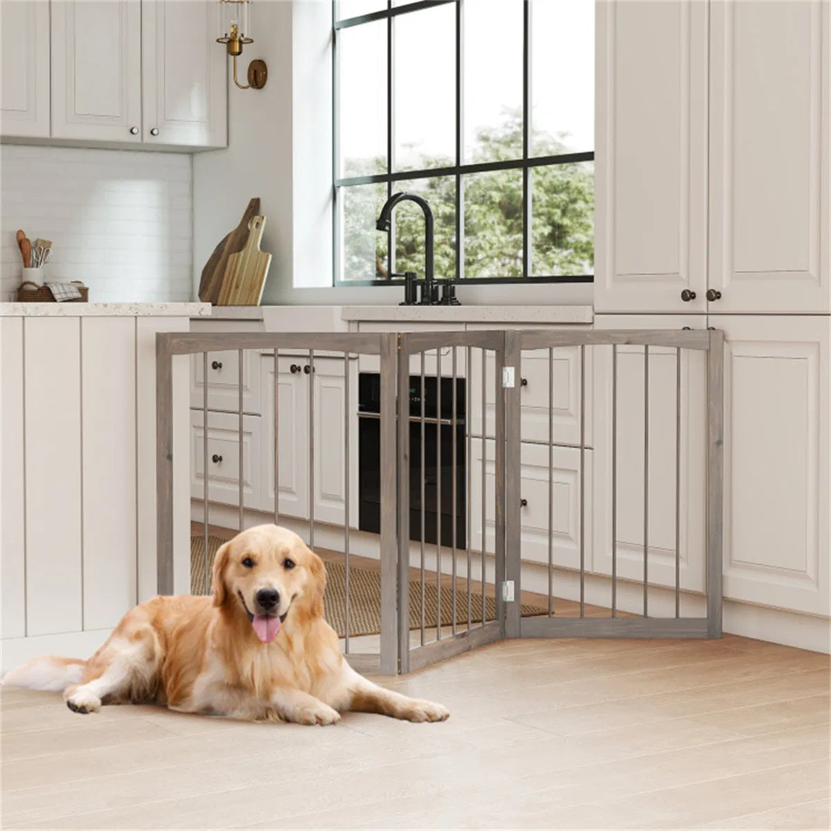 3-Panel Wooden Pet Fence – Gray, 63 x 30 in, Solid Fir Wood – view 4