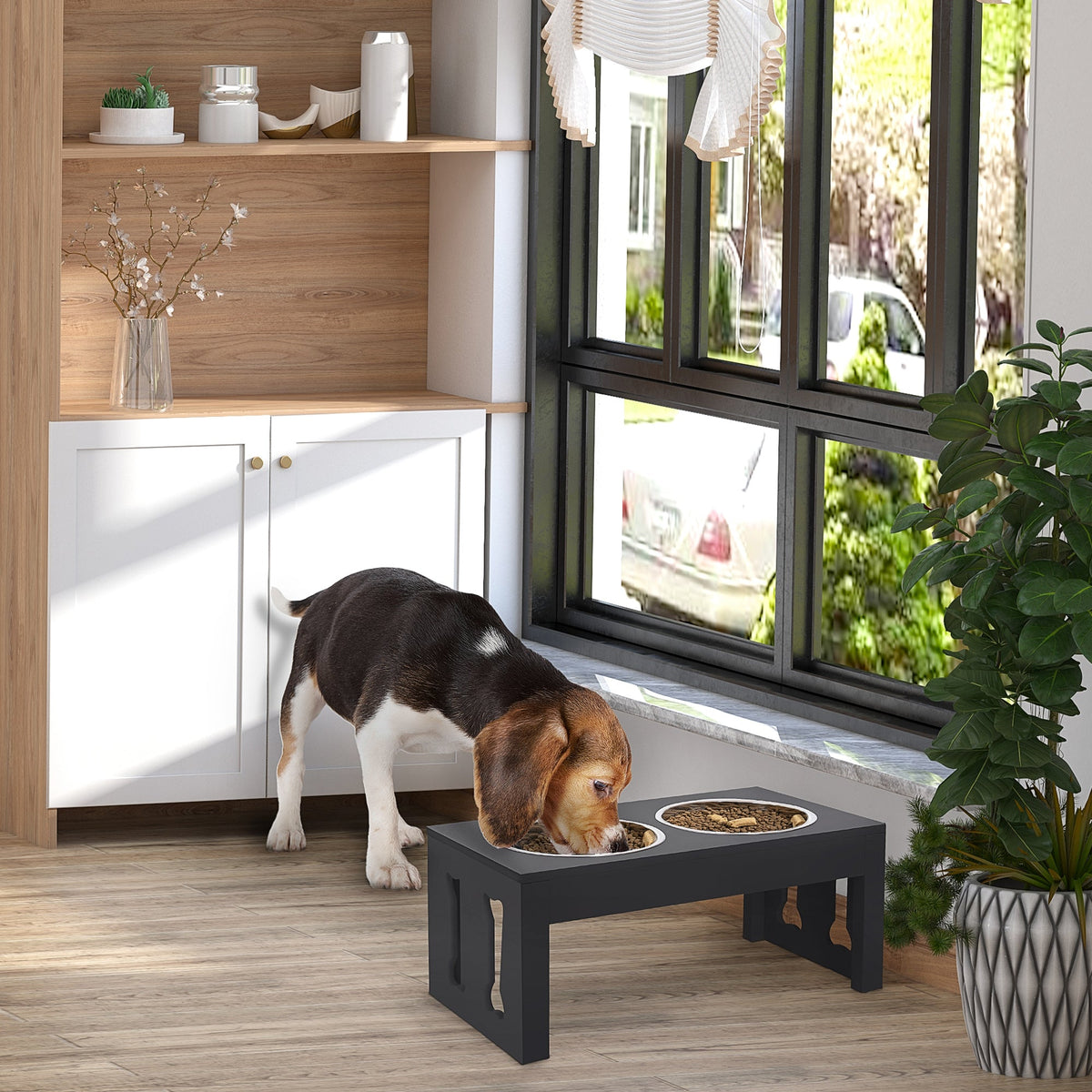 23 in Modern Raised Dog Bowl Stand with 2 Stainless Steel Bowls, Wooden Feeding Station – Black