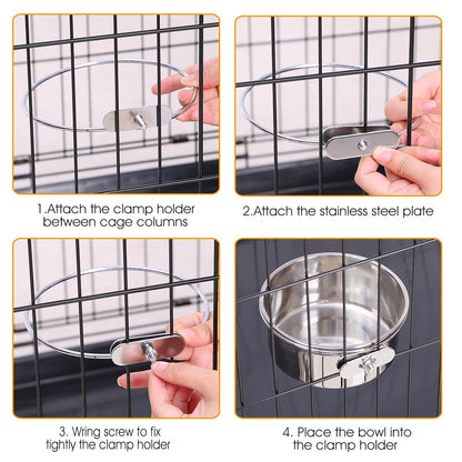 Stainless Steel Crate Dog Bowl with Clamp Holder, Hanging Cage Food and Water Bowl, Medium – view 3