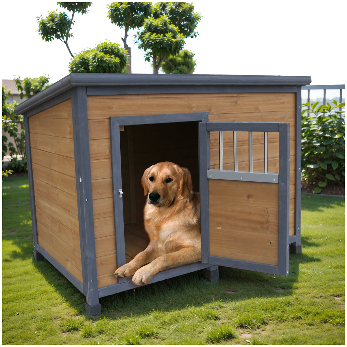 45 in Large Solid Wood Dog House – Waterproof PVC Roof, Elevated Floor, Gray &amp; Yellow – view 3