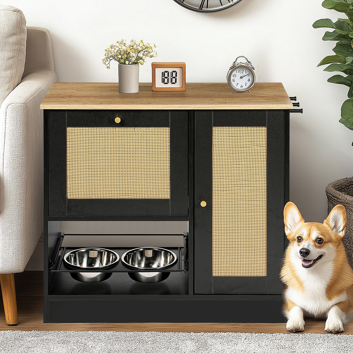 Hidden Dog Feeding Station with 2 Cabinets – Pull-Out Bowls, Rattan Doors, Black – view 3