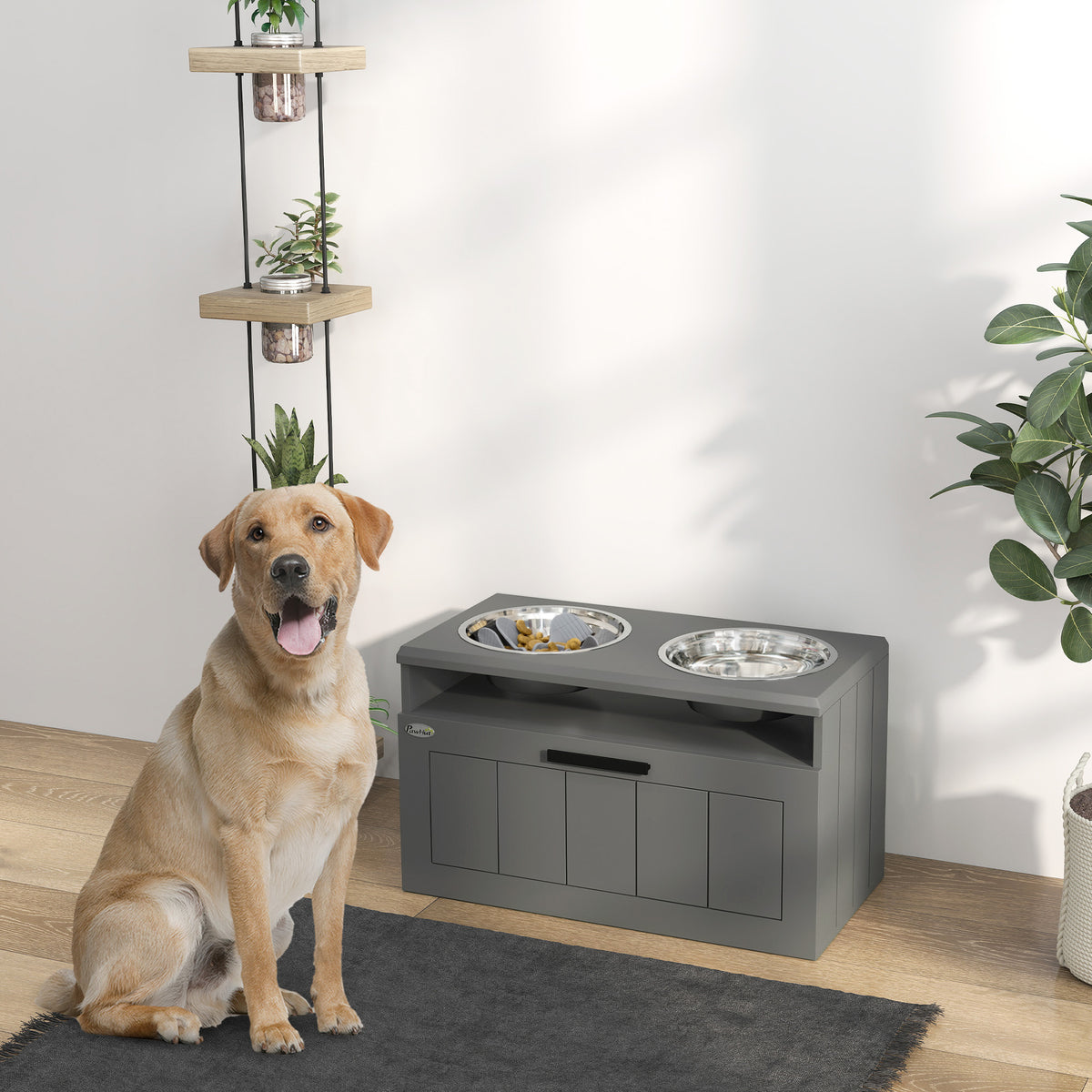 Elevated Dog Bowl Stand with Storage Drawer, 2 Stainless Steel Bowls &amp; Slow Feeder Mat, Gray