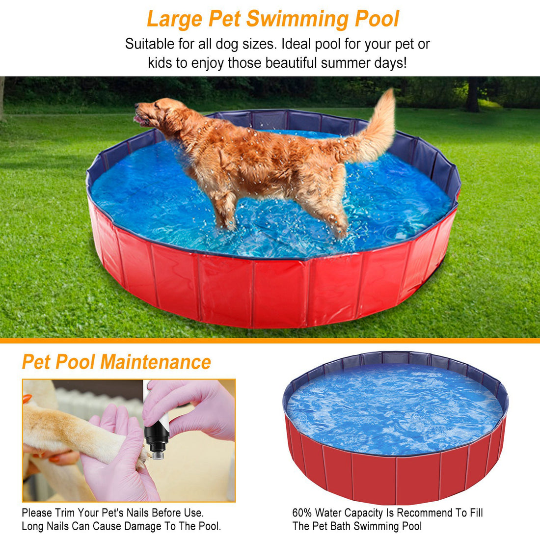Foldable Pet Bathing Pool, 63 x 63 x 11.8 in – PVC Dog Bath Tub with Drain Valve – view 2