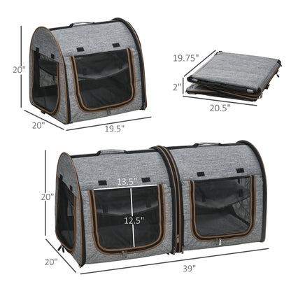 39" Double Cat Carrier with Divider – Foldable Soft-Sided Pet Crate, 2 Compartments, Light Gray – view 3