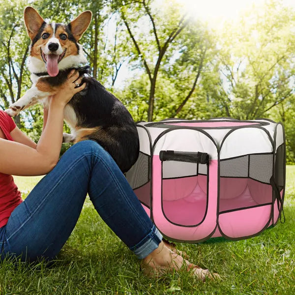 Portable Foldable Pet Playpen – 8-Panel Mesh Pen with Zip Top &amp; Bottom, Pink – view 3