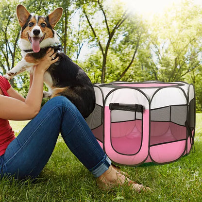 Portable Foldable Pet Playpen – 8-Panel Mesh Pen with Zip Top &amp; Bottom, Pink – view 3