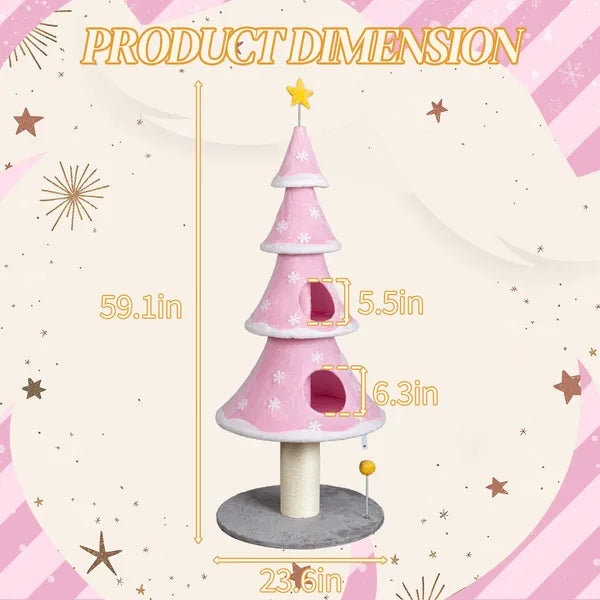 59" Christmas Tree Cat Tower – 2 Cat Condos, Sisal Scratching Post, Soft Fleece, Teaser Toy, Pink – view 5