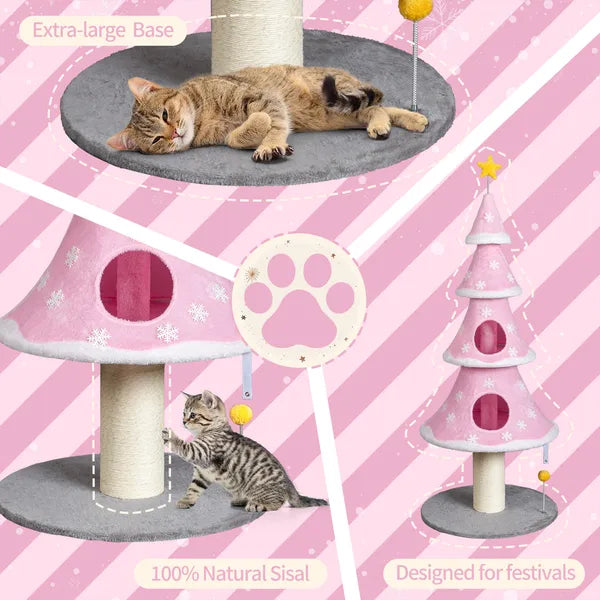 59" Christmas Tree Cat Tower – 2 Cat Condos, Sisal Scratching Post, Soft Fleece, Teaser Toy, Pink – view 3