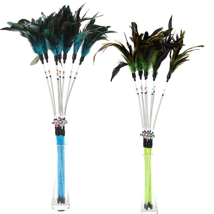Feather Cat Wand with Spring Bell and Colored Beads – Interactive Cat Teaser Stick – view 3