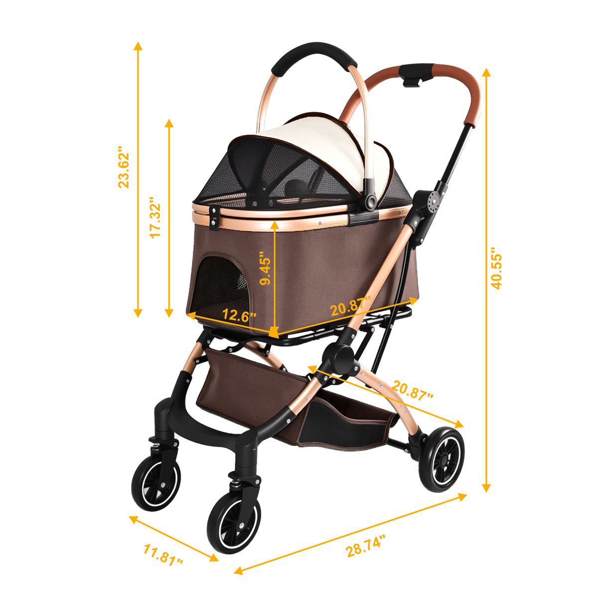 2-in-1 Foldable Pet Stroller – Detachable Carrier, 4 Wheels, Sun Canopy, Khaki – view 3
