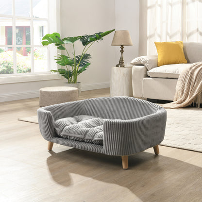 Elevated Dog Bed for Small Dogs – Corduroy Couch, Rubber Wood Legs, Supportive Foam, Grey – view 4