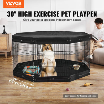 8-Panel Foldable Metal Dog Playpen – 30 in Exercise Pen with Top Cover &amp; Floor Mat – view 2