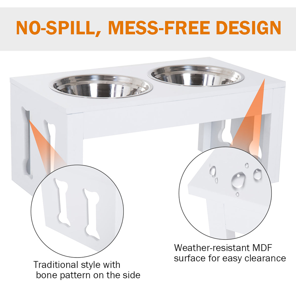 23 in Modern Raised Dog Bowl Stand with 2 Stainless Steel Bowls, Wooden Feeding Station, White – view 5