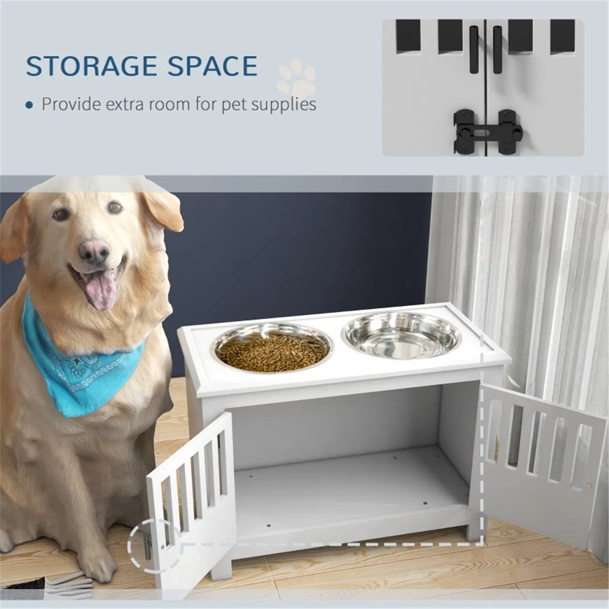 Elevated Dog Feeder Cabinet with 37 L Food Storage – 2 Stainless Steel Bowls, White – view 6