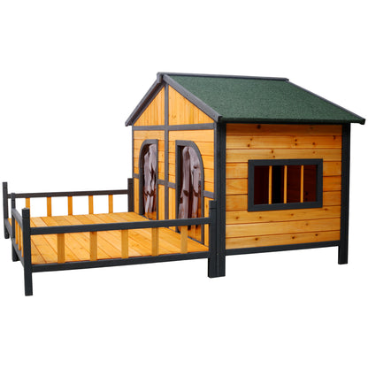 Wooden Double Dog House with Porch – Elevated Floor, Weatherproof Outdoor Kennel – view 9