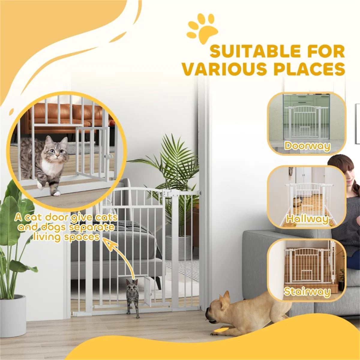 Pressure-Mounted Pet Gate with Cat Door – Adjustable 29.9"–40.9" Wide, 30.3" Tall, White Steel – view 8
