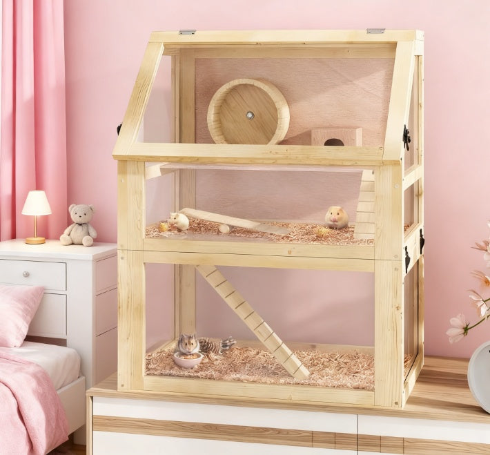 3-Tier Wooden Hamster Cage with Acrylic Panels, Exercise Wheel, Seesaw, Ramps and Hut