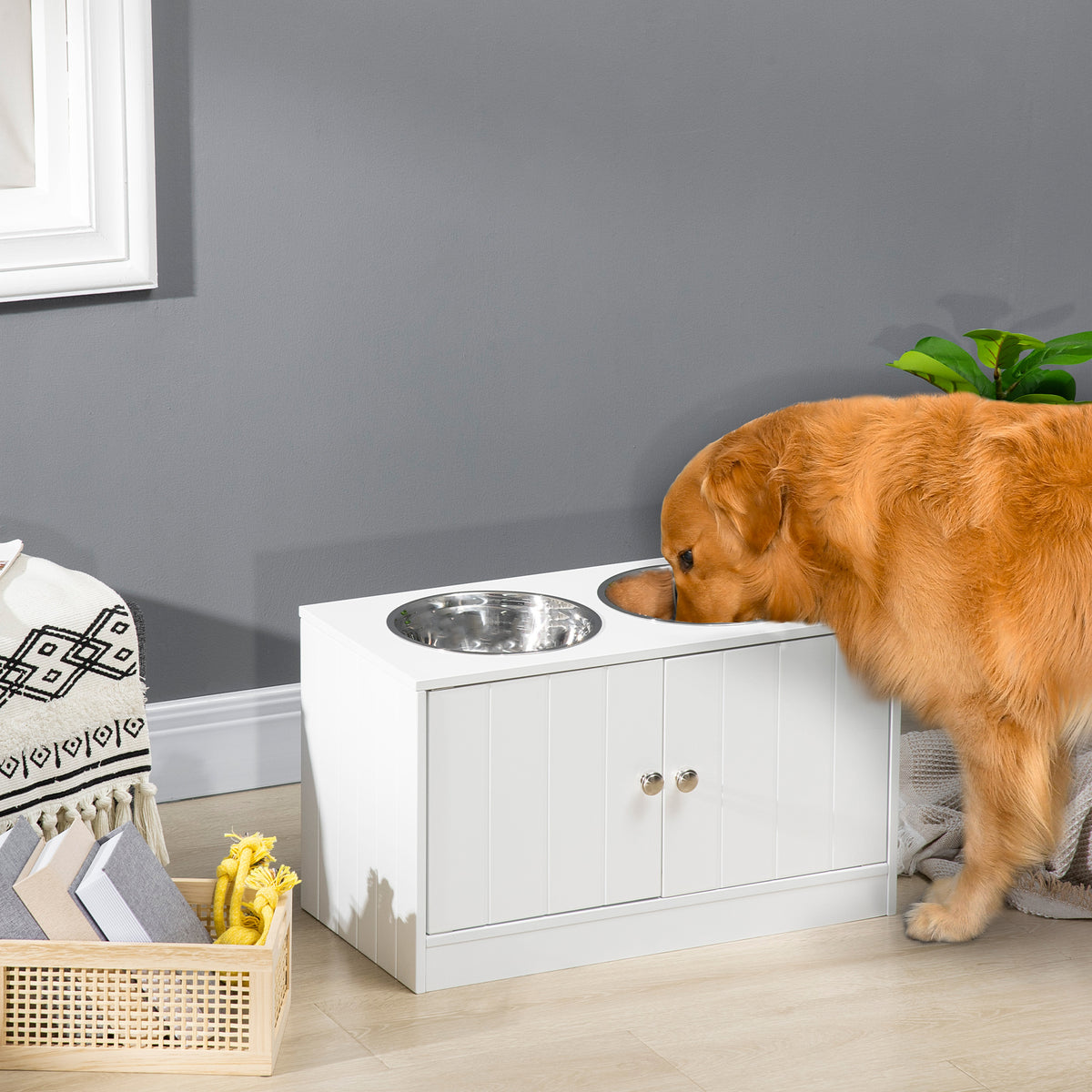 Elevated Dog Bowl Stand with 44 L Storage Cabinet &amp; 2 Stainless Steel Bowls for Large Dogs, White
