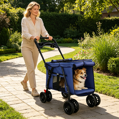 Foldable 4-Wheel Pet Stroller – Breathable Mesh, Shockproof Wheels, Brakes, Holds 33 lbs, Navy Blue – view 3