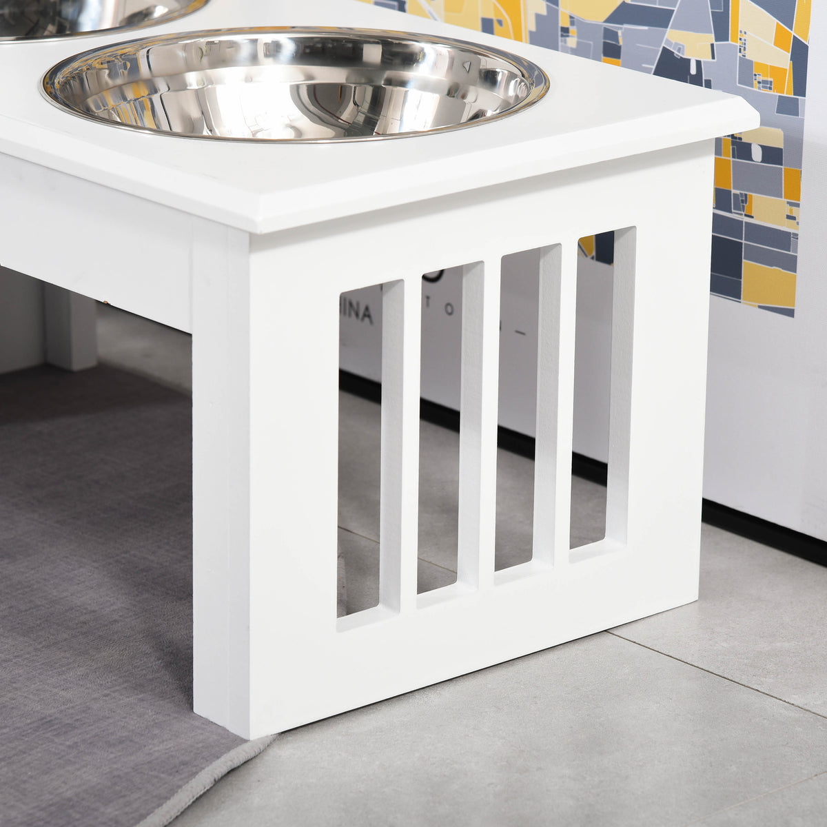 6 in Raised Double Dog Bowl Stand for Small Dogs, Wood Frame &amp; Stainless Steel Bowls, White – view 8