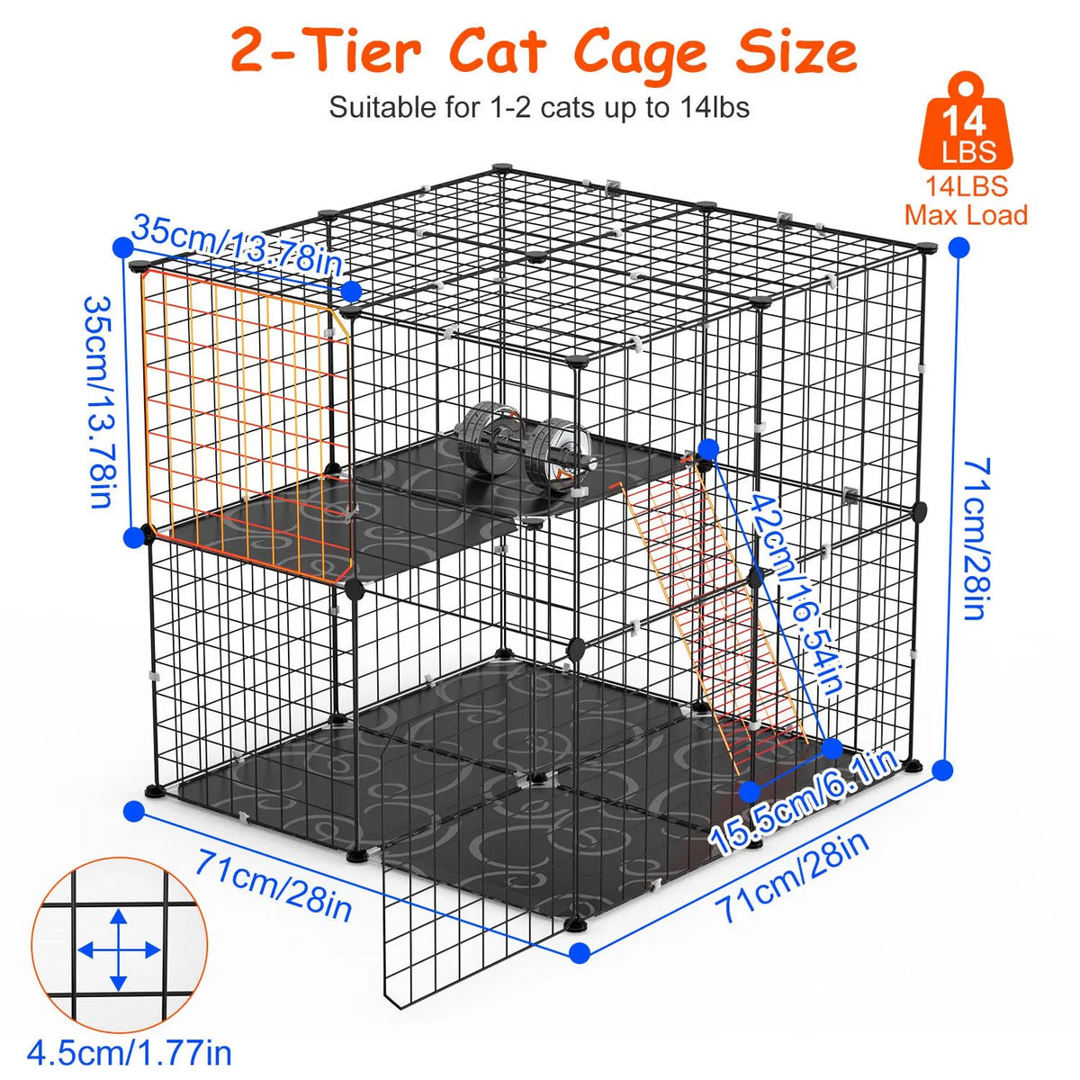 2-Tier Cat Cage Playpen – Indoor Iron Mesh Kennel with Ladder and 2 Doors, 28 x 28 x 28 in, Black – view 4