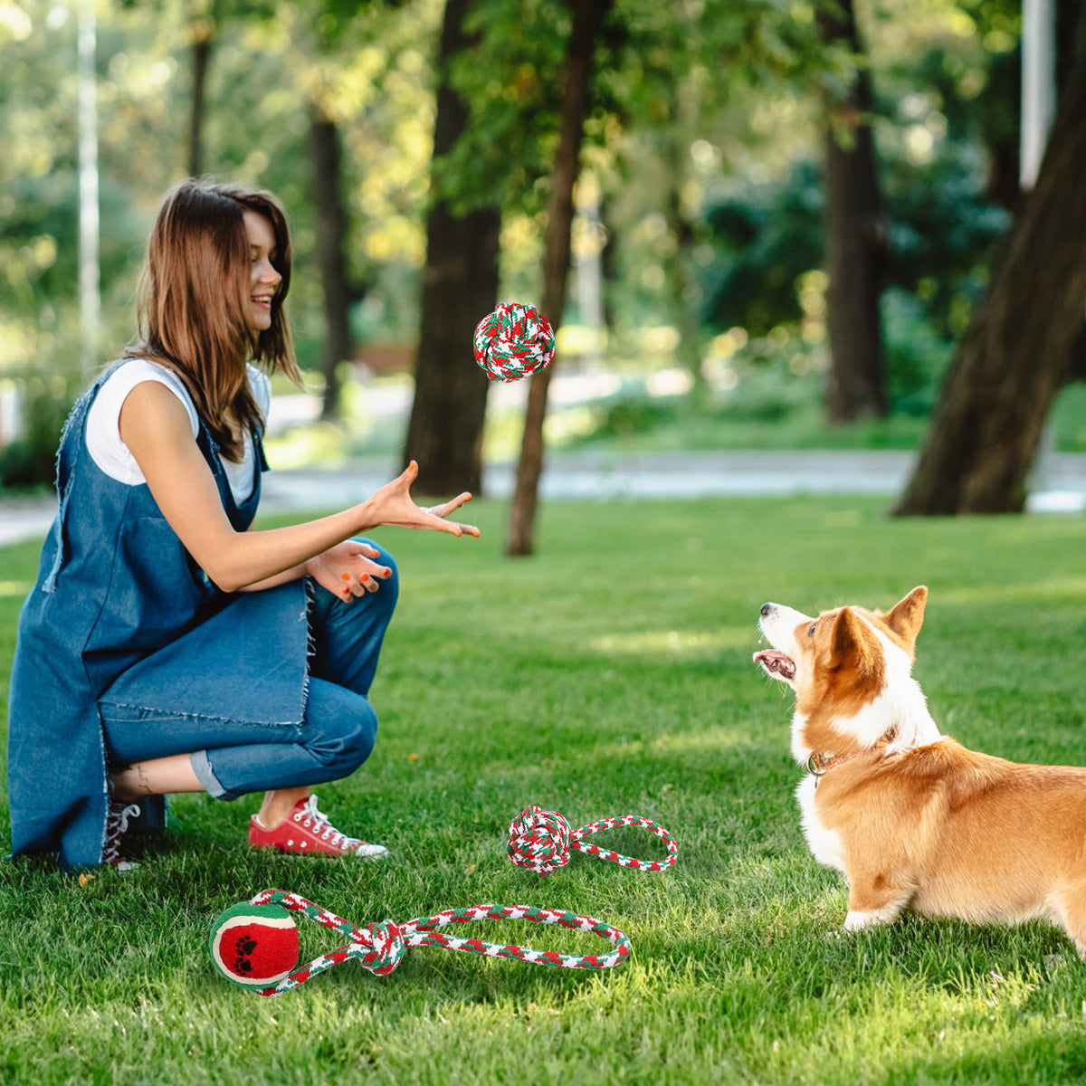 Christmas Rope Dog Chew Toys 5-Piece Set, Red, Green and White Cotton Knots and Ball – view 8