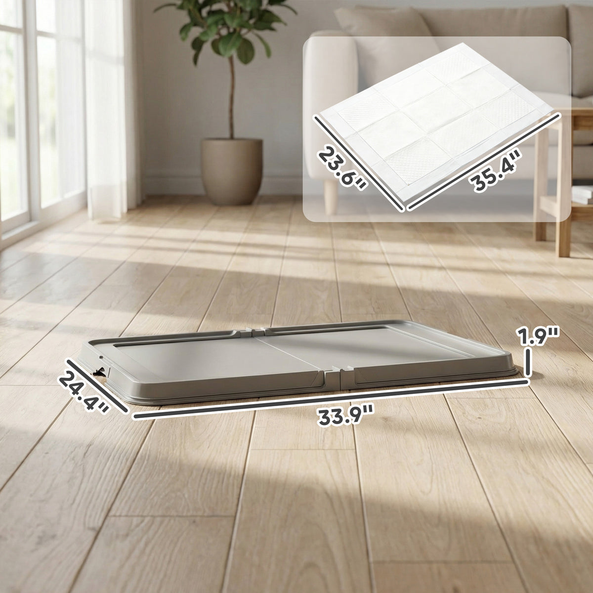 Foldable Dog Pee Pad Holder – 33.9 x 24.4 in Tray with Splash Wall &amp; 3 Pads, Gray – view 3