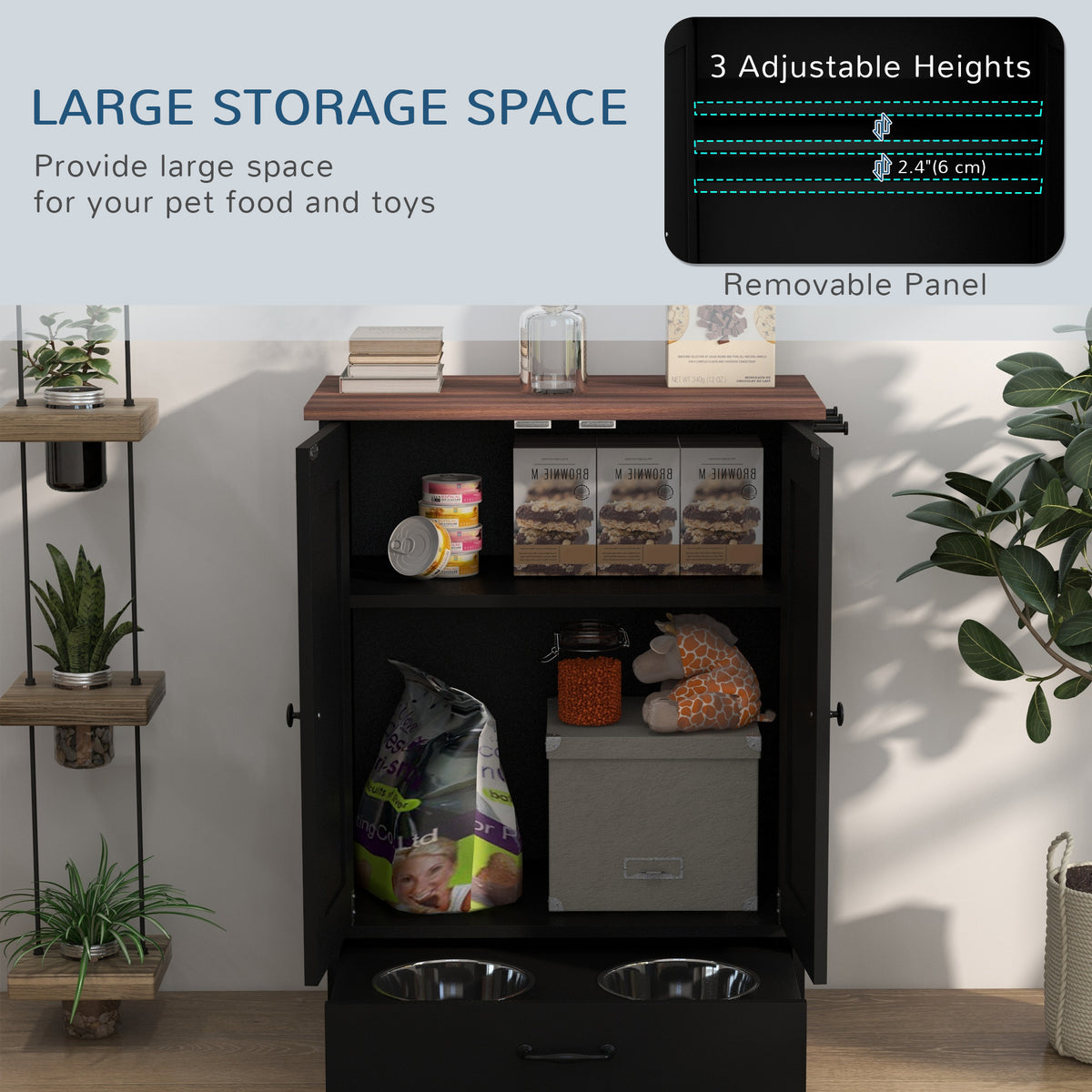 Dog Feeding Station with Storage Cabinet, Hidden Raised Bowls and Side Hooks for Medium Dogs, Black – view 5