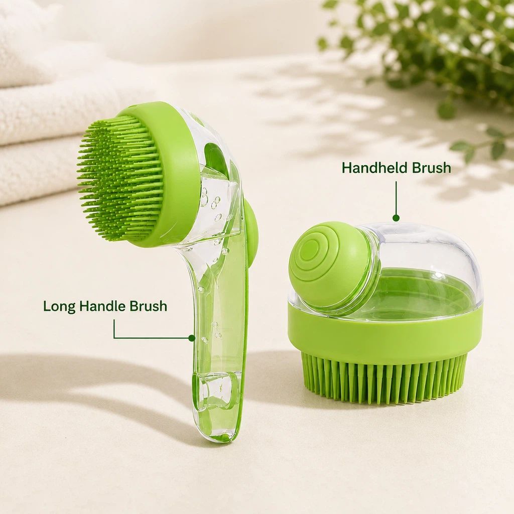 Dog &amp; Cat Shower Brush 2-Pack – Long &amp; Short Handle Silicone Brushes with Shampoo Dispenser – view 4